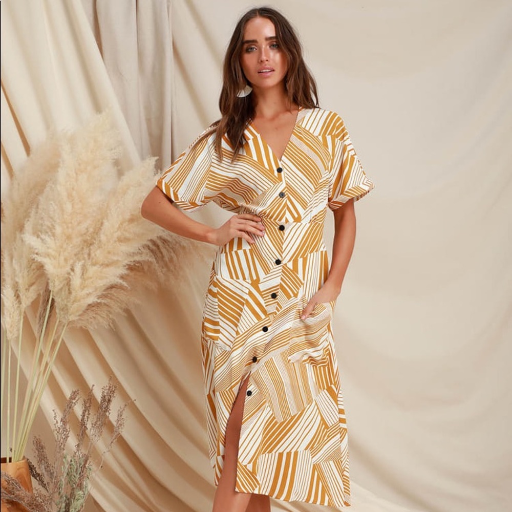 Mustard Yellow Print Button-Up Midi Dress Size S